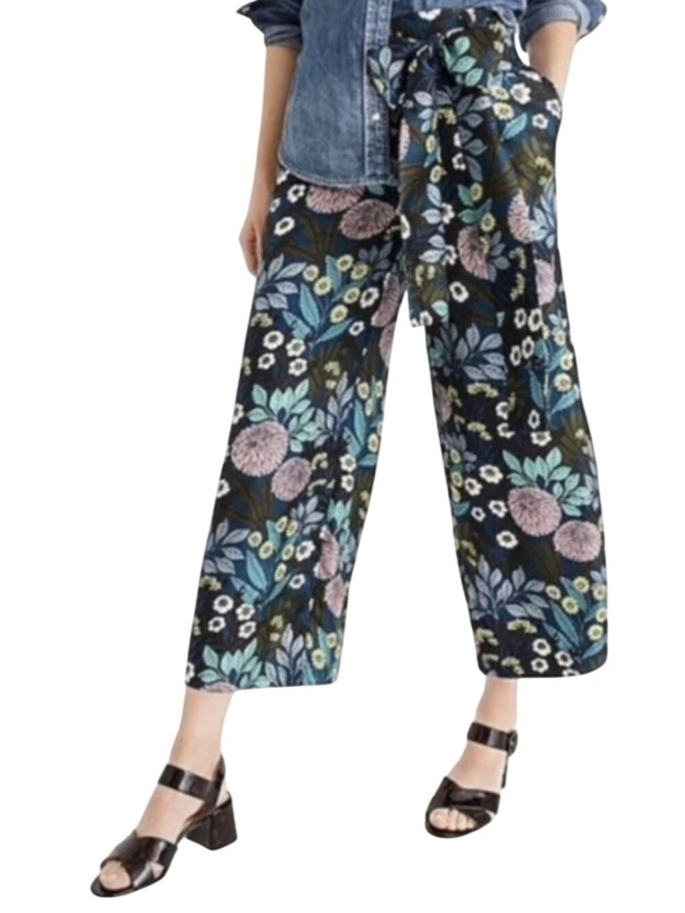 J.Crew Abigail Borg Silk Wide-Leg Cropped Pants Prairie Midnight Blue 28x26